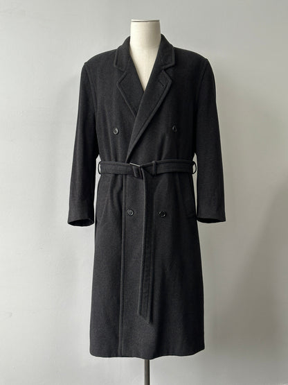 Vintage 1990s wool cashmere high neck belted coat, beige color, classic design, long sleeves, and belt at waist.