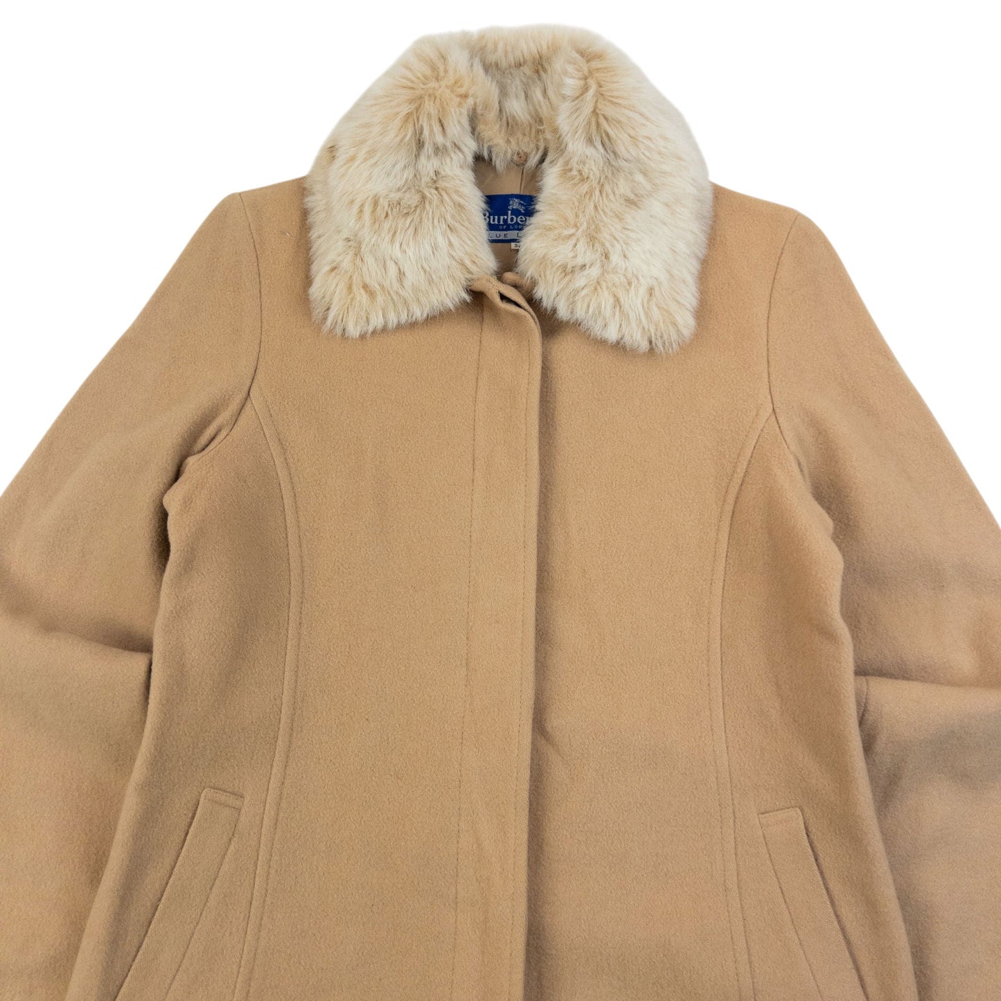 Vintage 90s Burberry Fur Collar Longline Wool Jacket Womens Size M | Medium, Beige