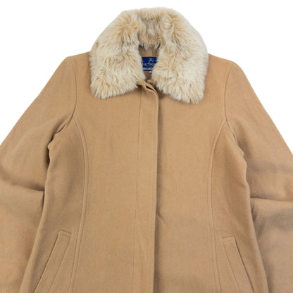 Vintage 90s Burberry Fur Collar Longline Wool Jacket Womens Size M | Medium, Beige