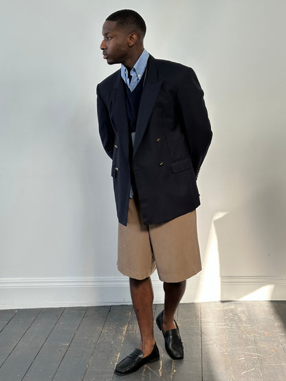 Burberry 1990s bespoke button wool double-breasted blazer, size 42R/XL, showing classic tailored fit and vintage craftsmanship.