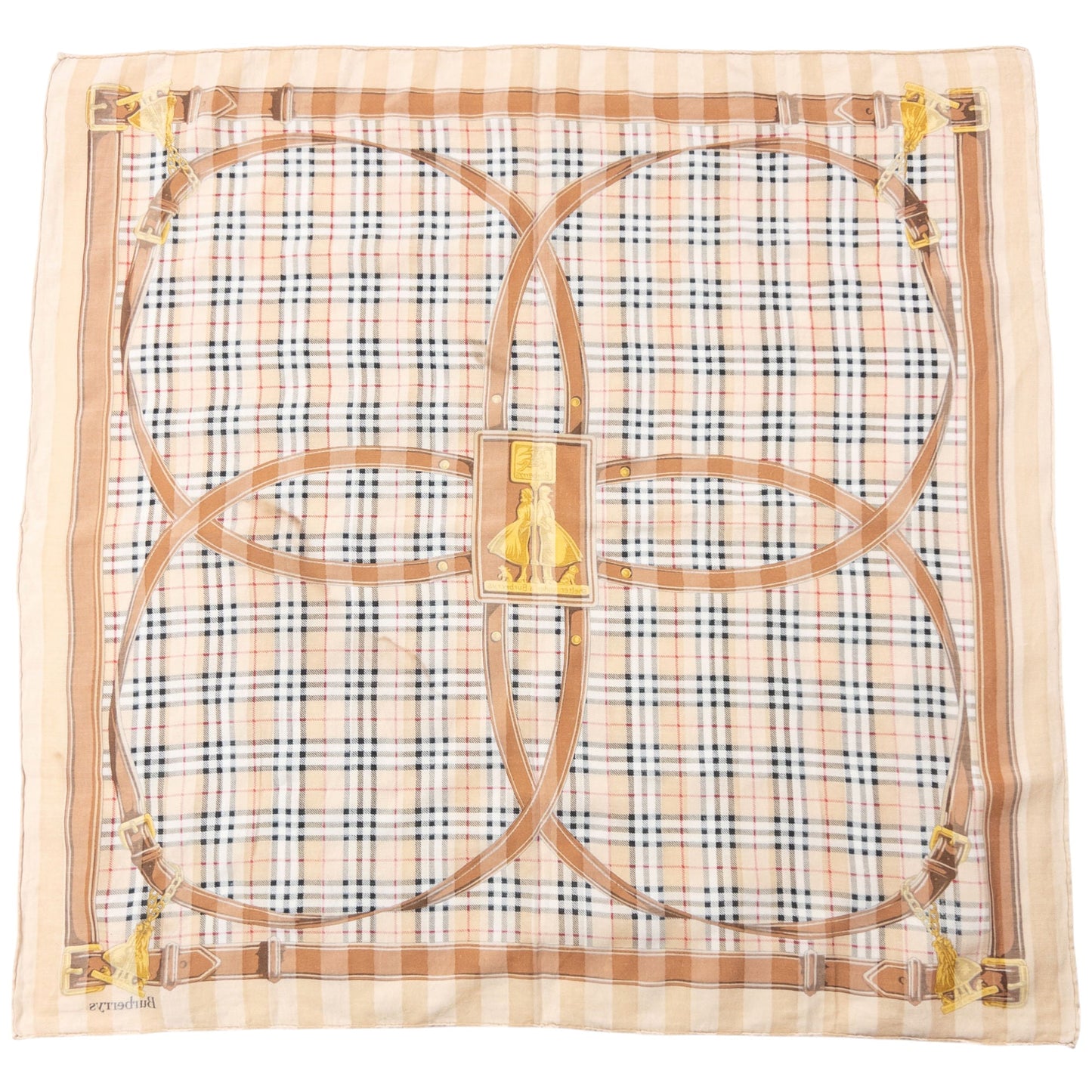 Vintage 90s Burberry Nova Check Buckle Print Silk Scarf | O/S, Beige