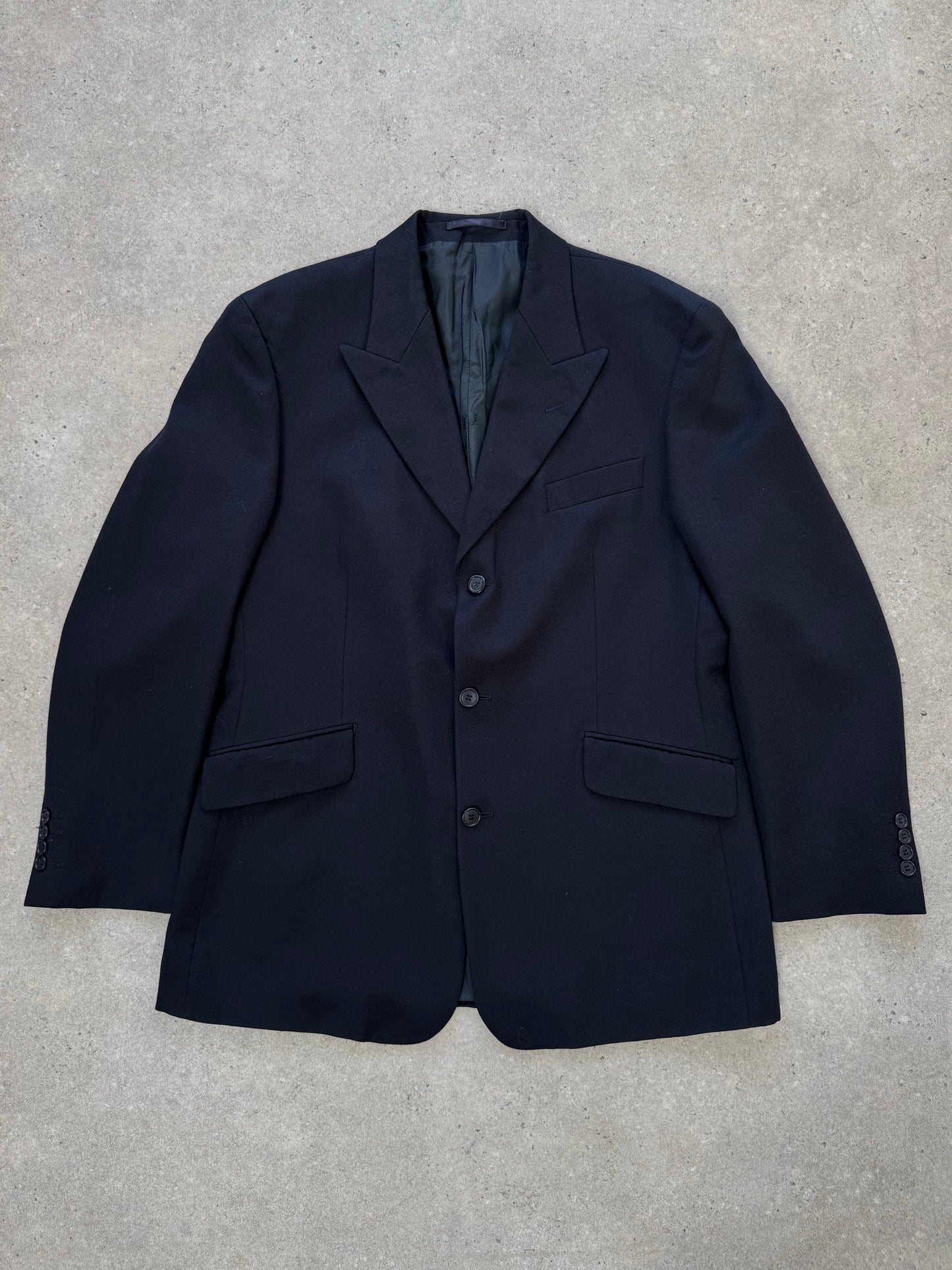 Yves Saint Laurent Pour Homme 1990s pure wool single-breasted blazer in size L/XL, dark tailored blazer with notch lapels.