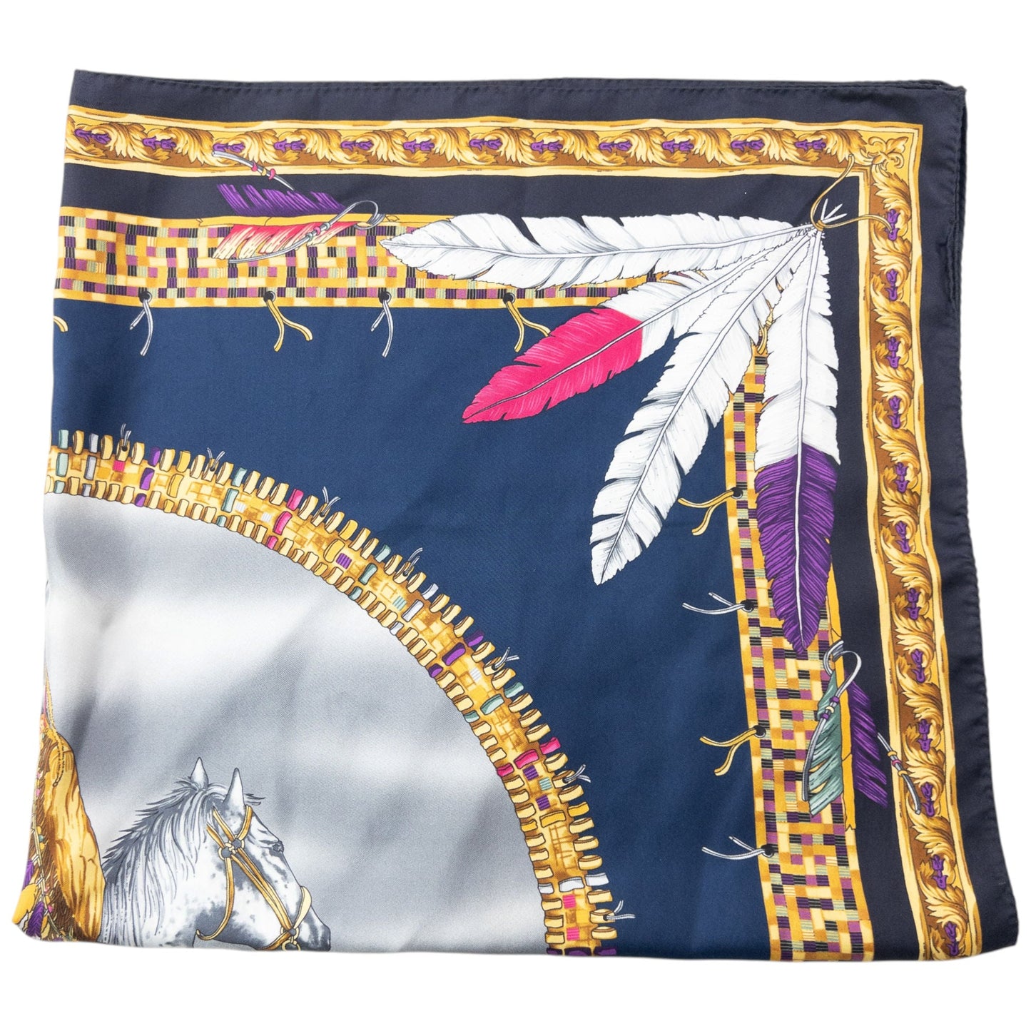 Versace Native American Print Silk Scarf | O/S, Navy Blue, Gold, Red, White, Yellow