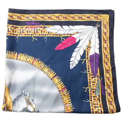 Versace Native American Print Silk Scarf | O/S, Navy Blue, Gold, Red, White, Yellow