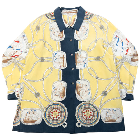 Vintage 80s Burberry Nautical Rope Ship Long Sleeve Button Up Silk Shirt Size L | Large, Yellow