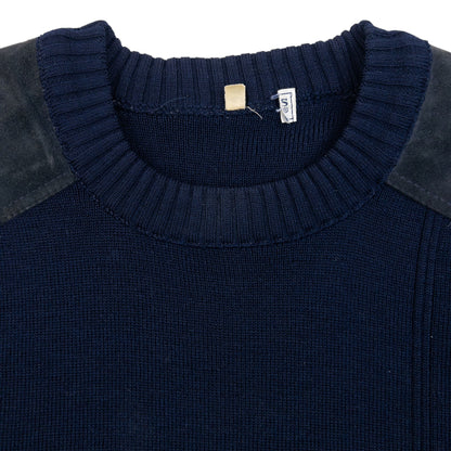 Vintage 90s Burberry Suede Patch Wool Jumper Size L | Large, Navy