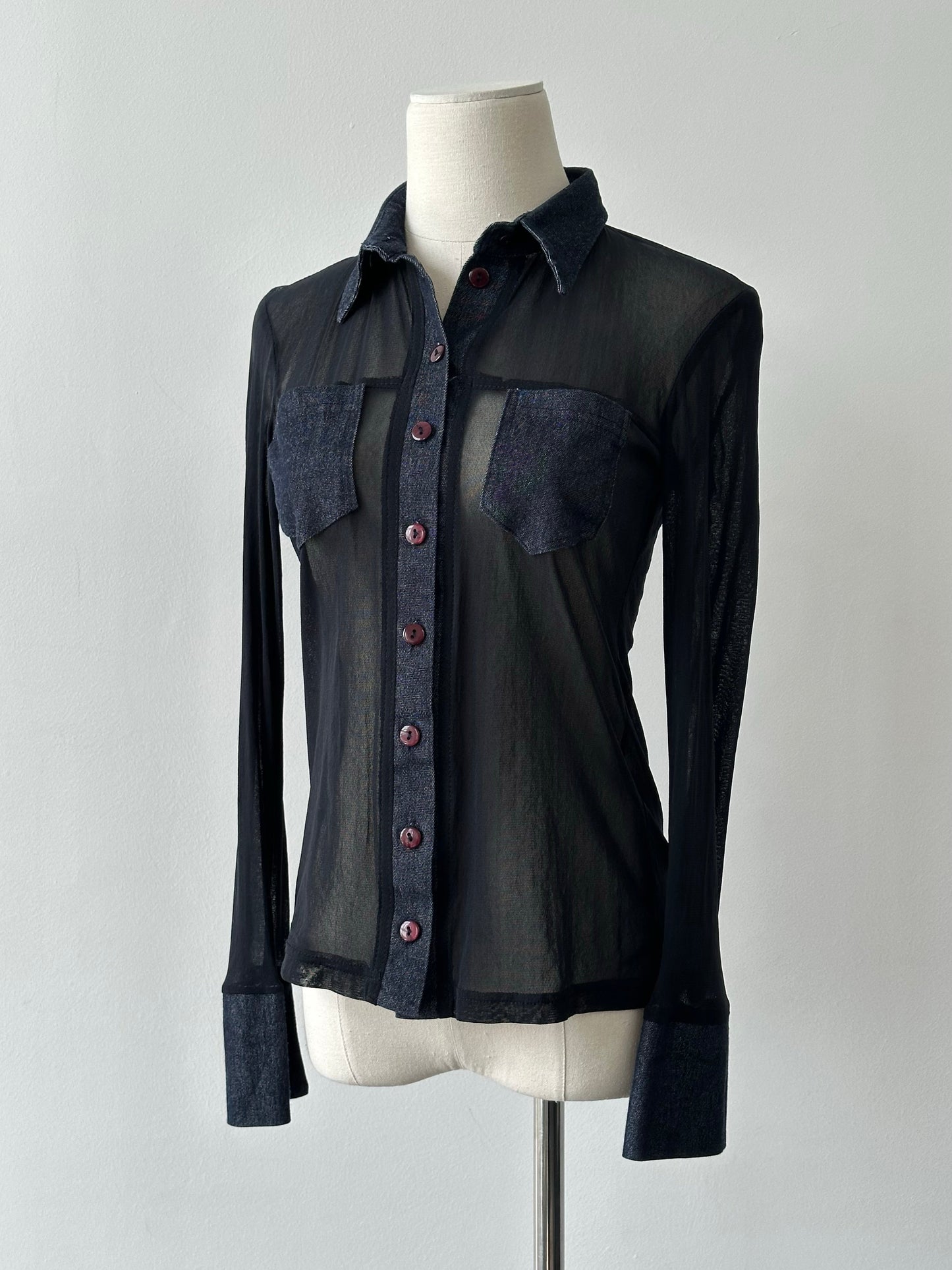 Vintage 1990s Denim Fitted Sheer Shirt - XS-S