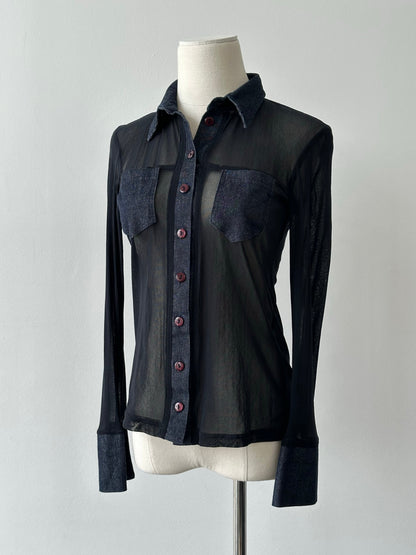 Vintage 1990s Denim Fitted Sheer Shirt - XS-S