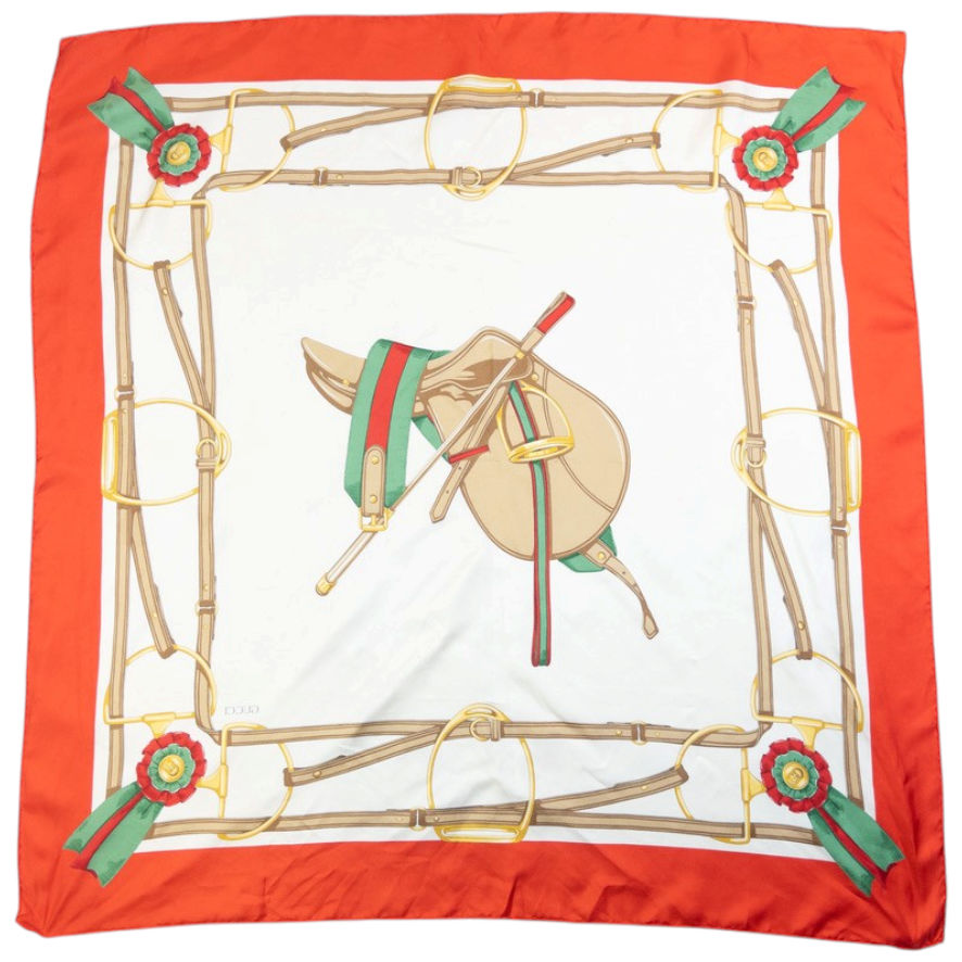 Vintage 80s Gucci Equestrian Horse Harness Print Silk Scarf | O/S, Orange and White