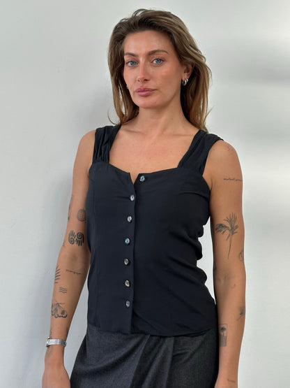 Vintage 1990s button-down sweetheart neckline top in size small, featuring classic style and lightweight fabric.