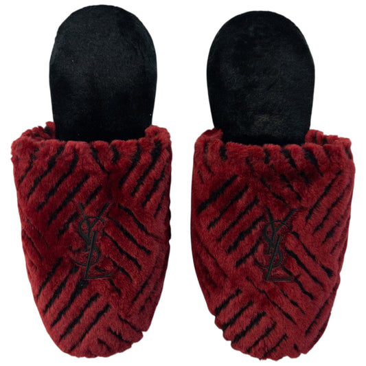 Vintage 80s YSL Yves Saint Laurent Embroidered Fur Slippers Womens Size 6 | ONE SIZE, Black