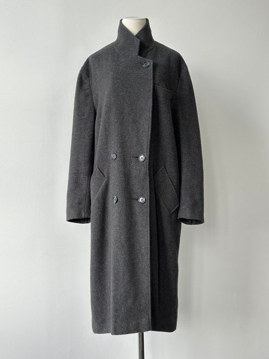 Vintage British 1990s wool double-breasted high-neck coat, size L, featuring classic design and tailored fit.