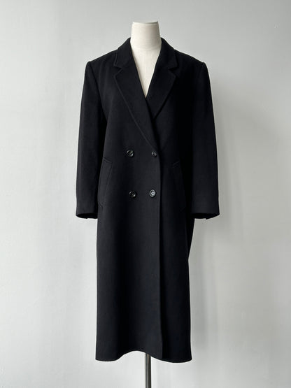Vintage 1990s pure cashmere double-breasted coat, stylish and warm, shown in classic beige with lapels and button details.