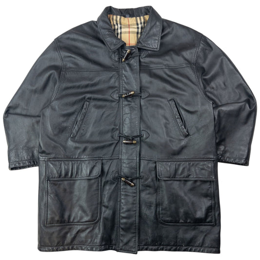 Vintage 2000s Burberry Nova Check Lined Leather Duffle Jacket Size XL | O/S, Black