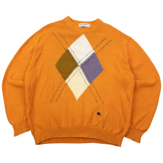 Vintage 90s Burberry Argyle Knit Jumper Size M | Medium, Orange