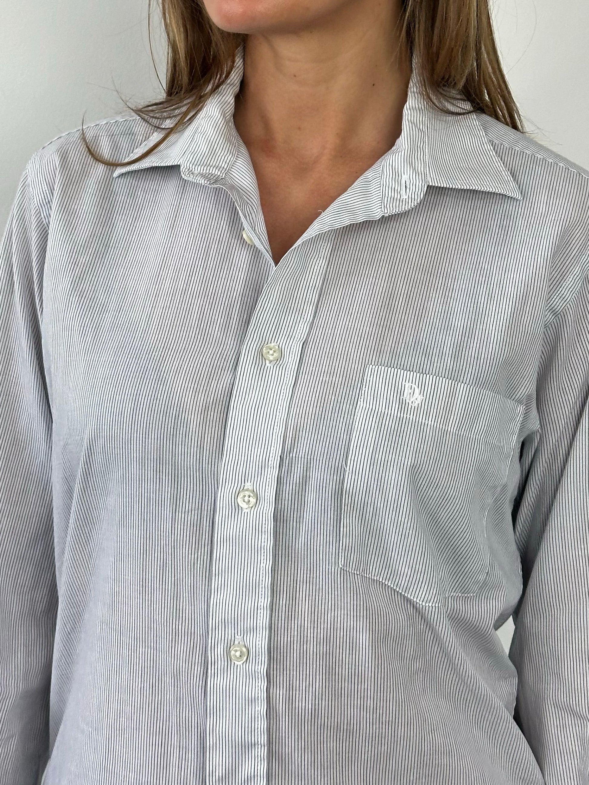 Christian Dior Monsieur 1990s cotton striped logo shirt, men's size M, featuring blue and white vertical stripes and Dior branding.