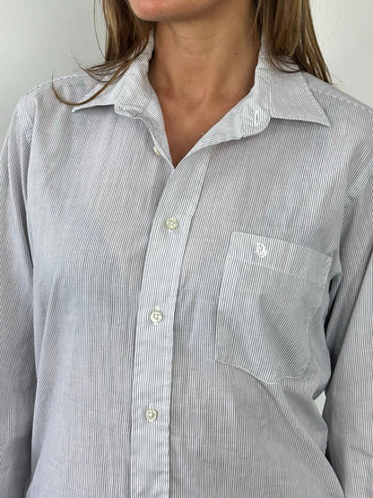Christian Dior Monsieur 1990s cotton striped logo shirt, men's size M, featuring blue and white vertical stripes and Dior branding.