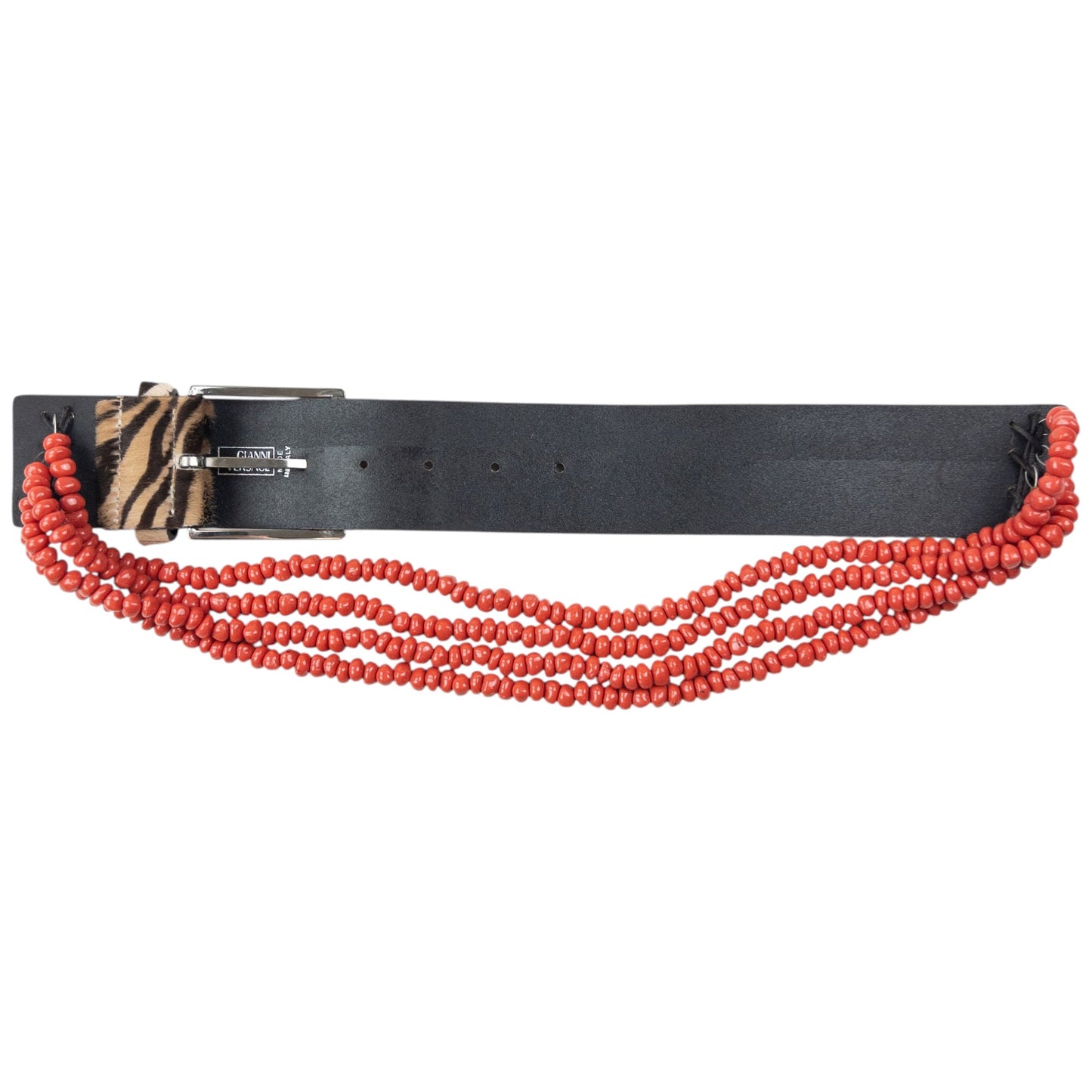 Vintage 90s Gianni Versace Beaded Zebra Striped Pony Hair Belt Size S | O/S, Tan, Black, Red