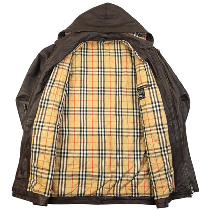 Vintage 90s Burberry Nova Check Lined Leather Duffle Jacket Size XL | O/S, Brown