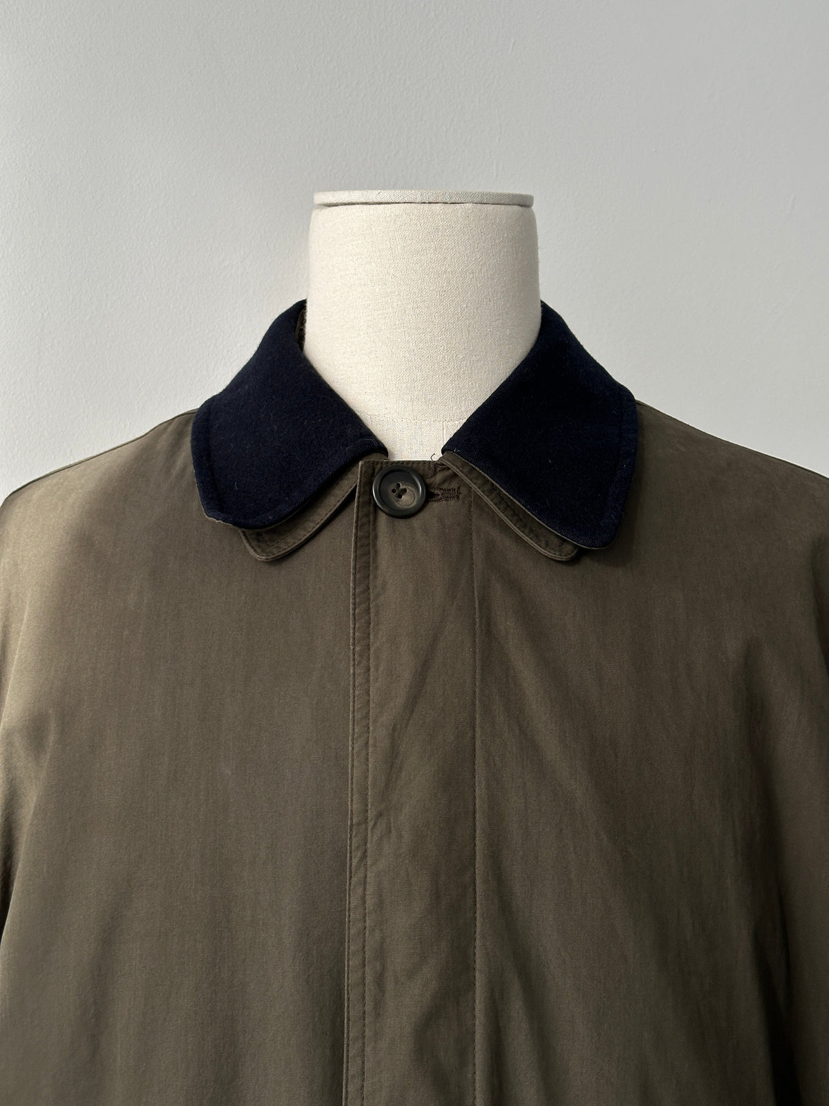 Ralph Lauren Chaps 1990s wool collar cotton trench coat, front view showing classic beige trench with button details and collar.