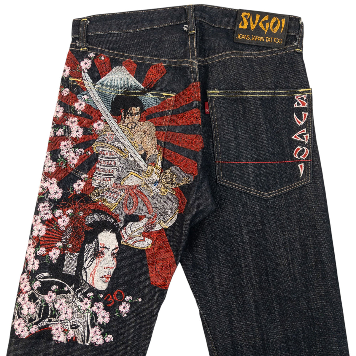 Vintage 2000s Sugoi Embroidered Samurai Geisha Japanese Denim Jeans Size W29 | W29, Black
