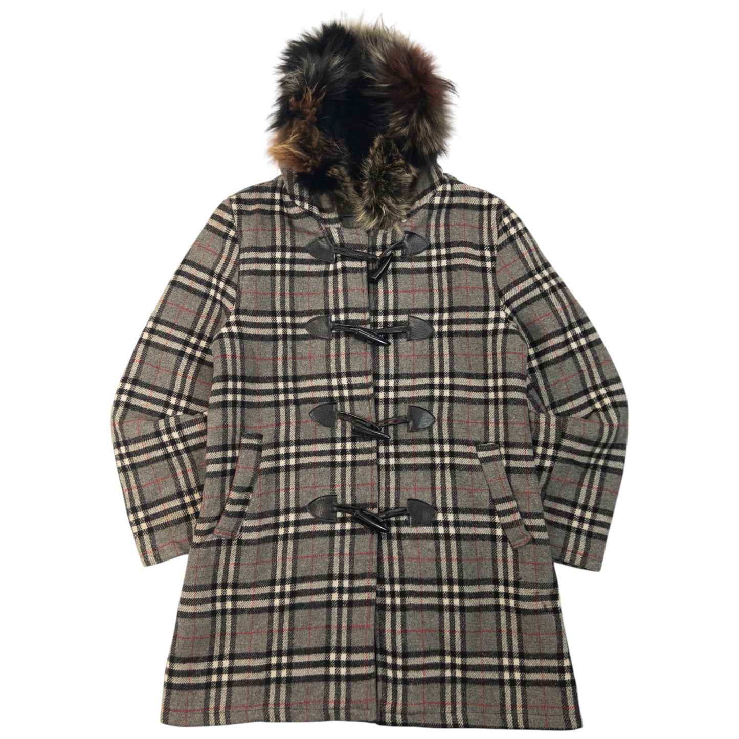 Vintage 90s Burberry Fur Hood Nova Check Wool Duffle Jacket Womens Size M | O/S, Grey