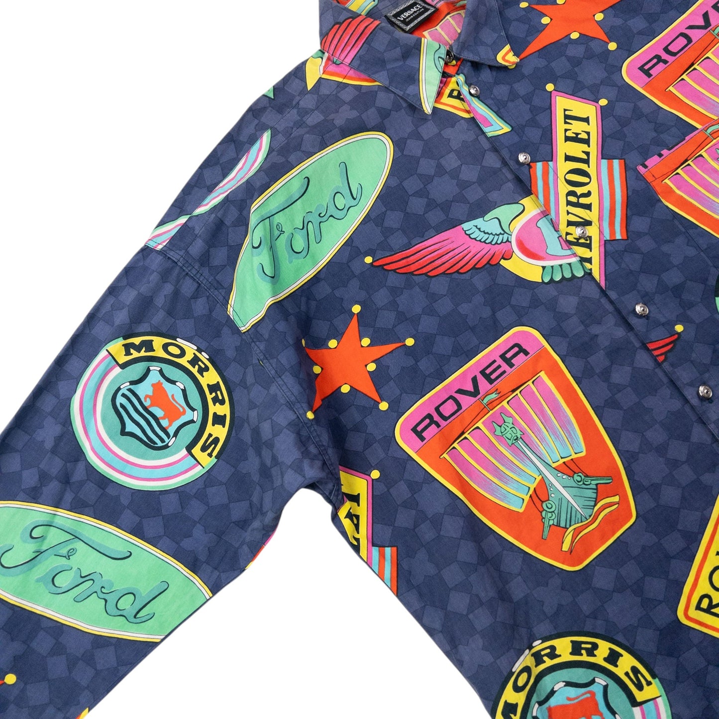 Vintage 90s Versace Jeans Couture Car Rolls Royce Pattern Button Up Shirt Size XL | XL, Multicolour