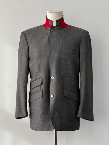 Loro Piana 1990s high neck wool blazer with contrasting collar, tailored fit, in classic beige color, front view showing details.