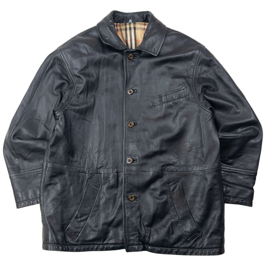 Vintage 2000s Burberry Nova Check Lined Leather Jacket Size S | Small, Black