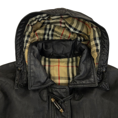 Vintage 2000s Burberry Nova Check Lined Leather Duffle Jacket Size M | O/S, Black