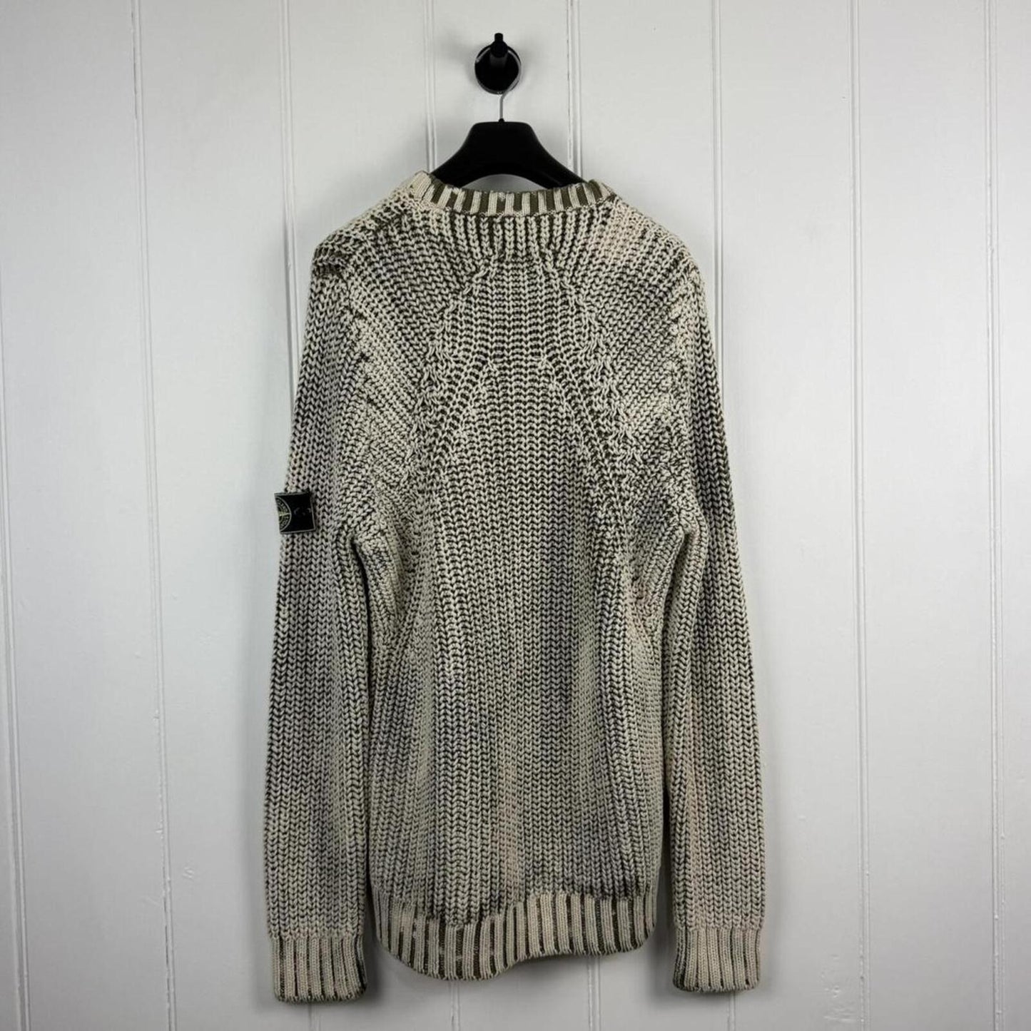 Stone Island Hand Corrosion Cable Knit Jumper Green/Cream (XXL) | XXL, Multicoloured