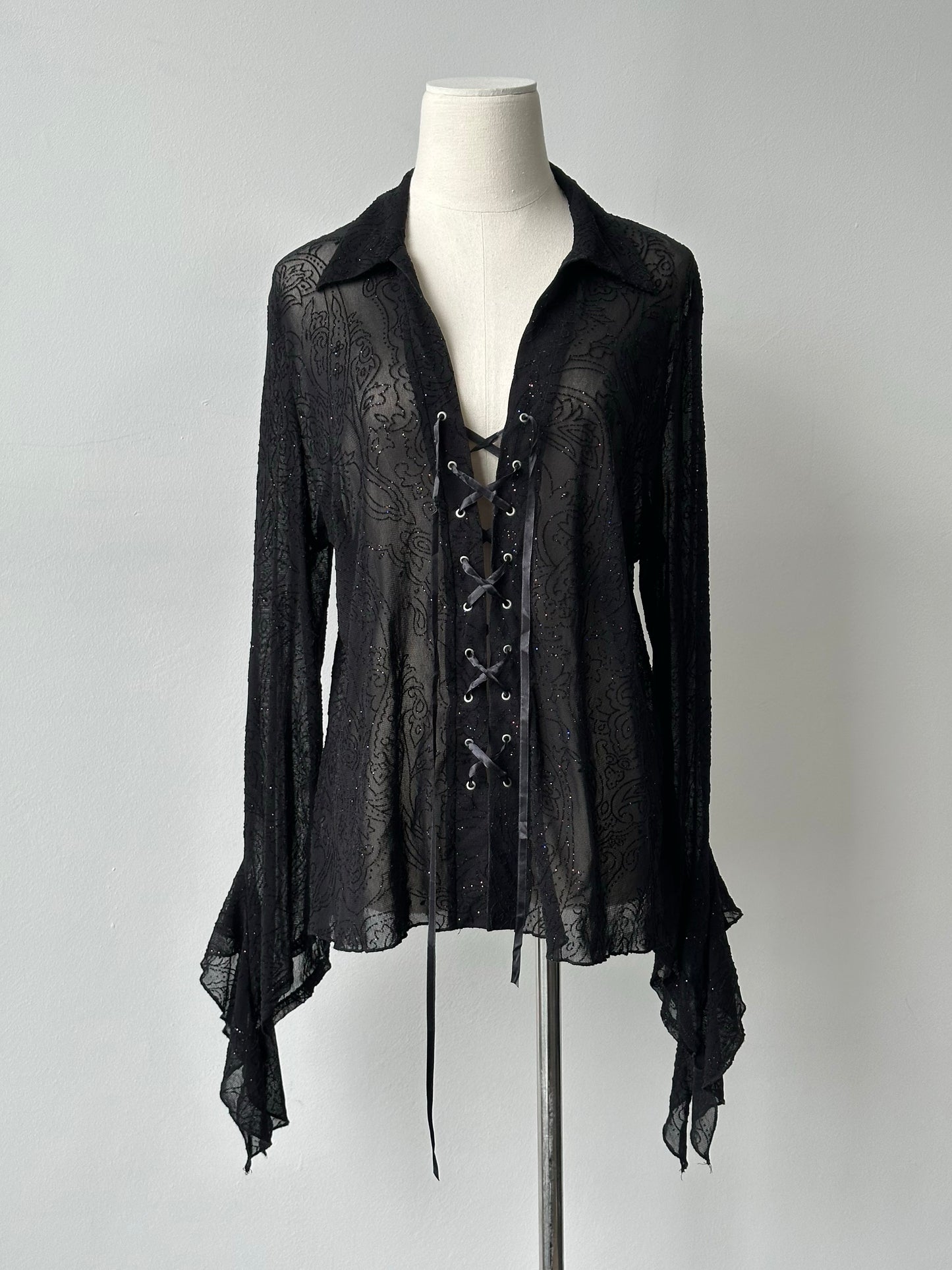 Vintage 1990s Sheer Lace Up Glittery Shirt - M-L