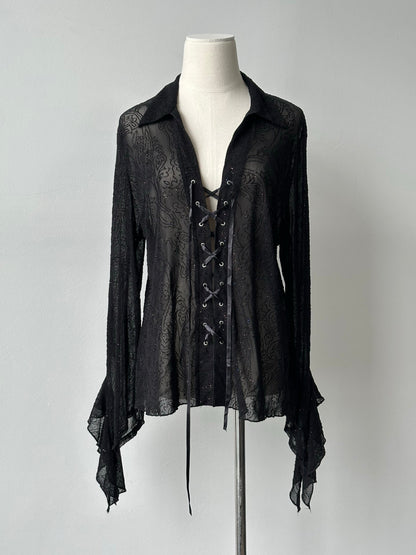 Vintage 1990s Sheer Lace Up Glittery Shirt - M-L
