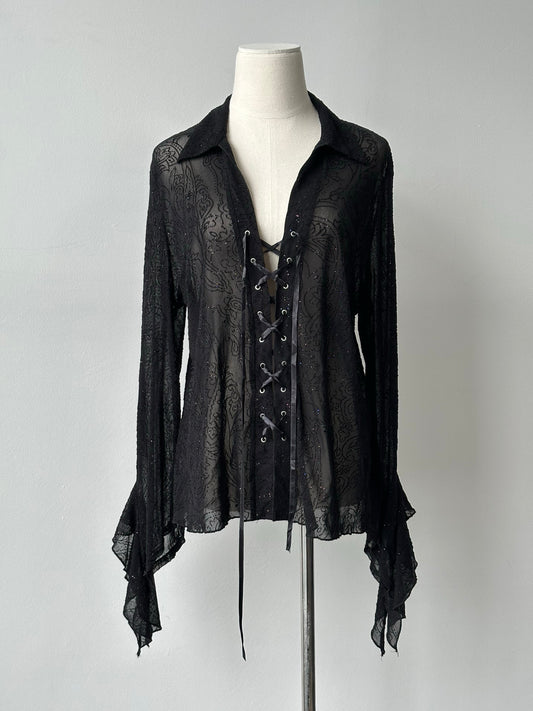 Vintage 1990s Sheer Lace Up Glittery Shirt - M-L