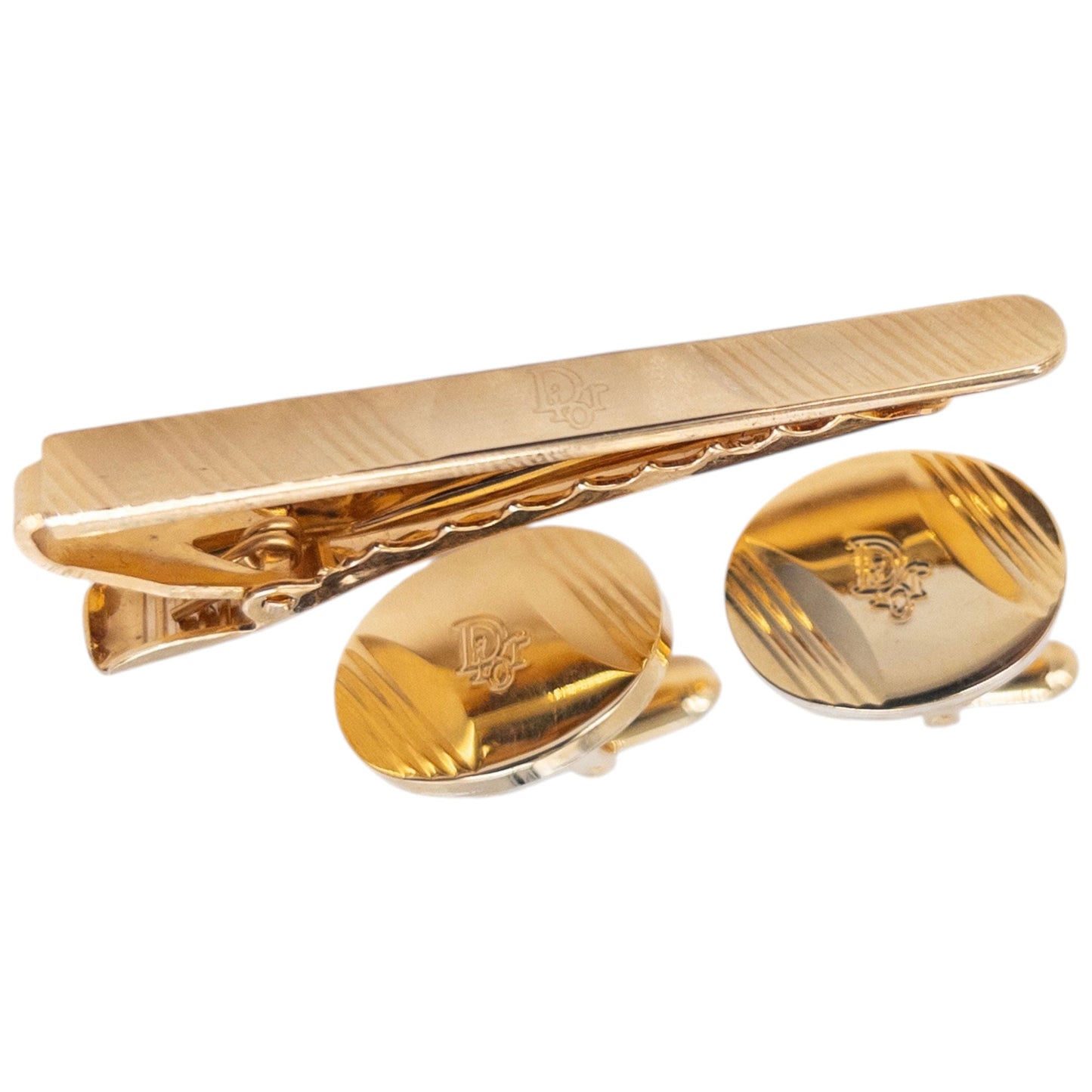 Vintage 80s Dior Embossed Cufflinks & Tie Clip Set | O/S, Gold