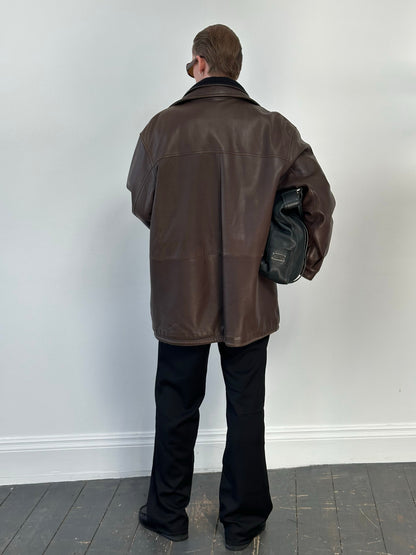 Vintage 1990s Leather Funnel Neck Jacket - XL