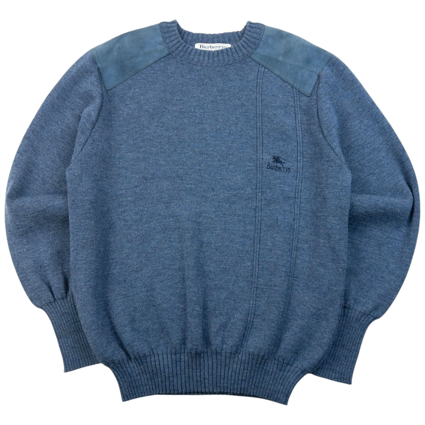 Vintage 90s Burberry Suede Patch Wool Jumper Size M | Large, Blue