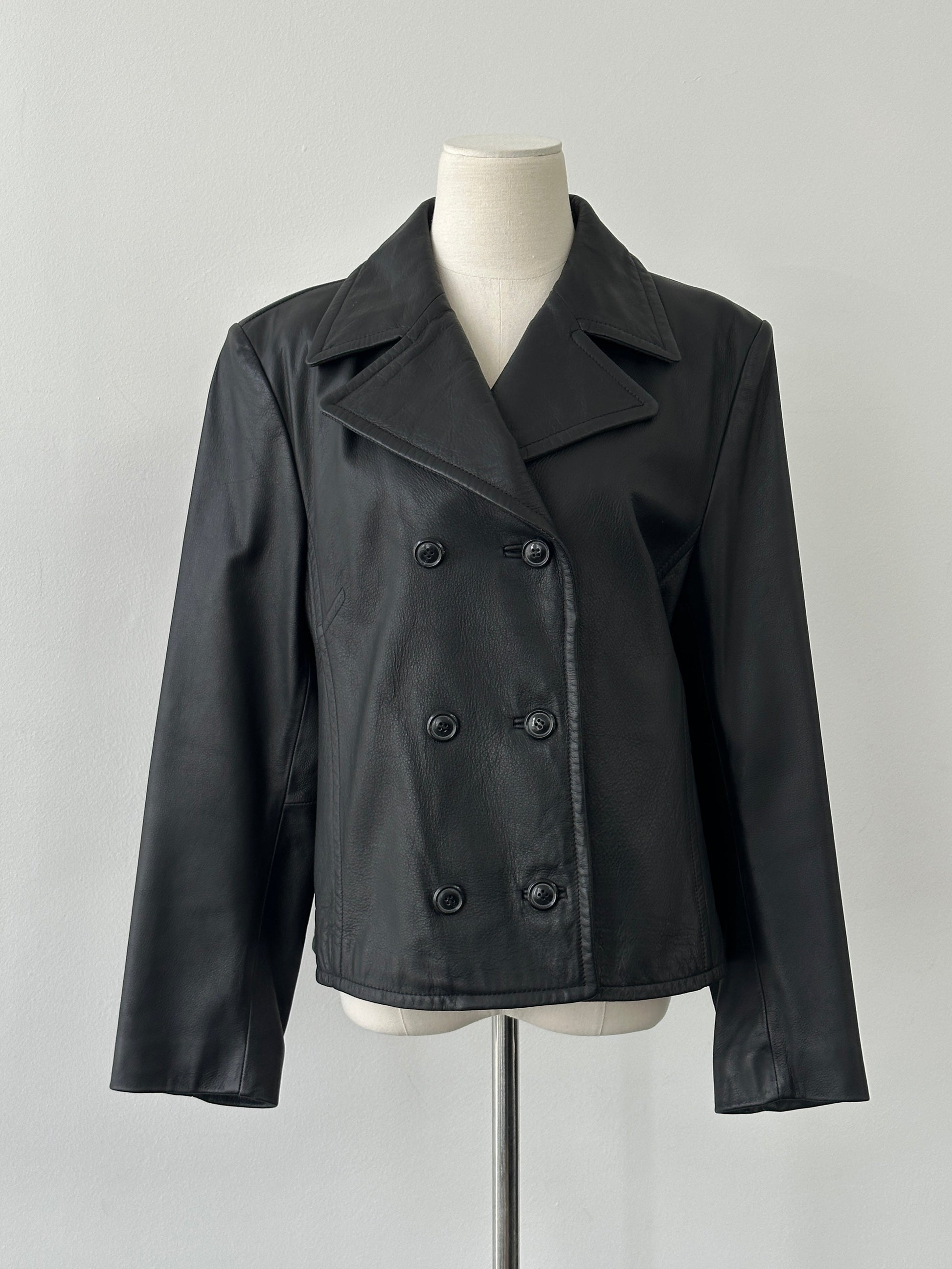 Vintage 1990s Cropped Double Breasted Leather Jacket - M