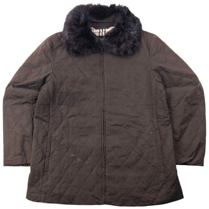 Vintage 2000s Burberry Nova Check Lined Fur Collar Quilted Jacket Womens Size L | Large, Brown