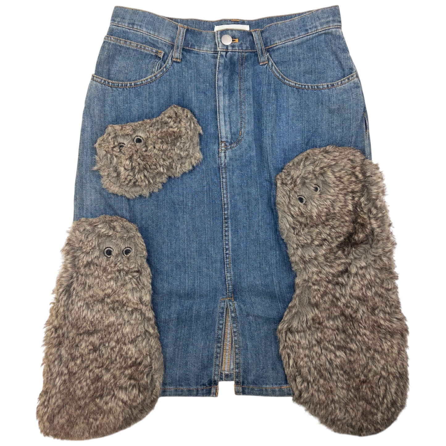 Vintage Ne-Net By Issey Miyake Fur Patch Denim Skirt Womens Size W28