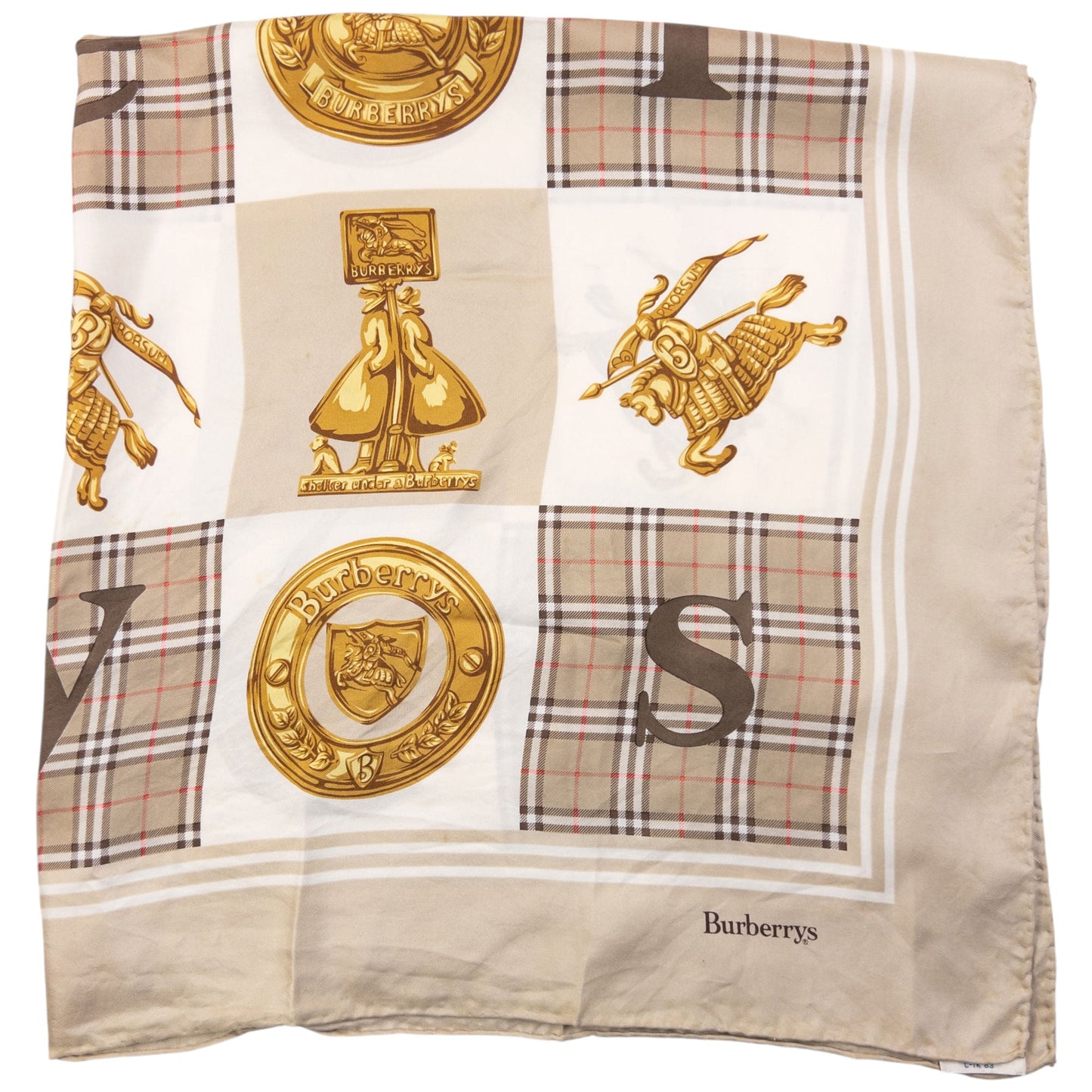 Vintage 90s Burberry Nova Check Gold Logo Print Silk Scarf | O/S, Beige