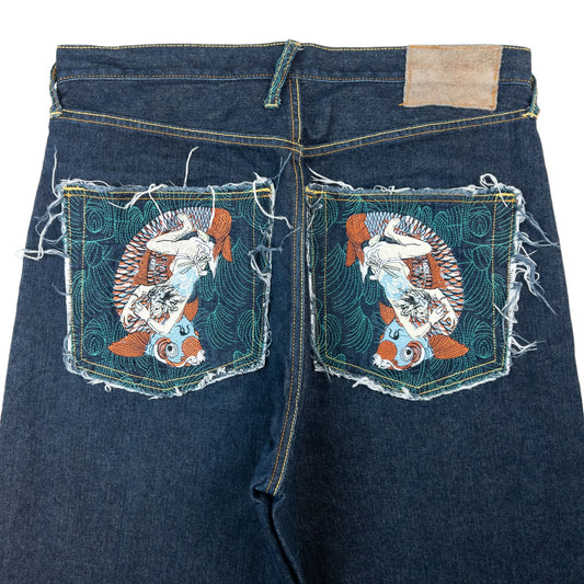 Vintage RMC Red Monkey Company Japanese Fish Rider Embroidered Denim Jeans Size W35