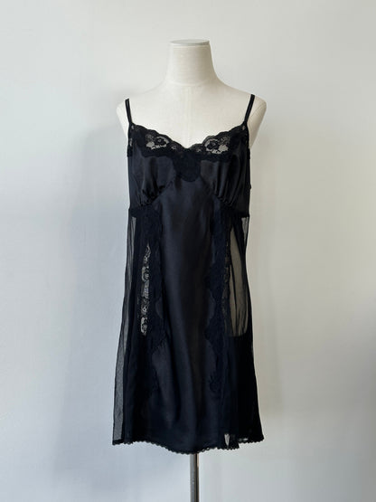 Vintage 1990s Satin Lace Sheer Mini Slip Dress - L