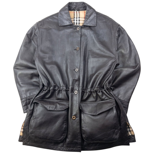 Vintage 90s Burberry Nova Check Lined Leather Jacket Size L | Large, Black