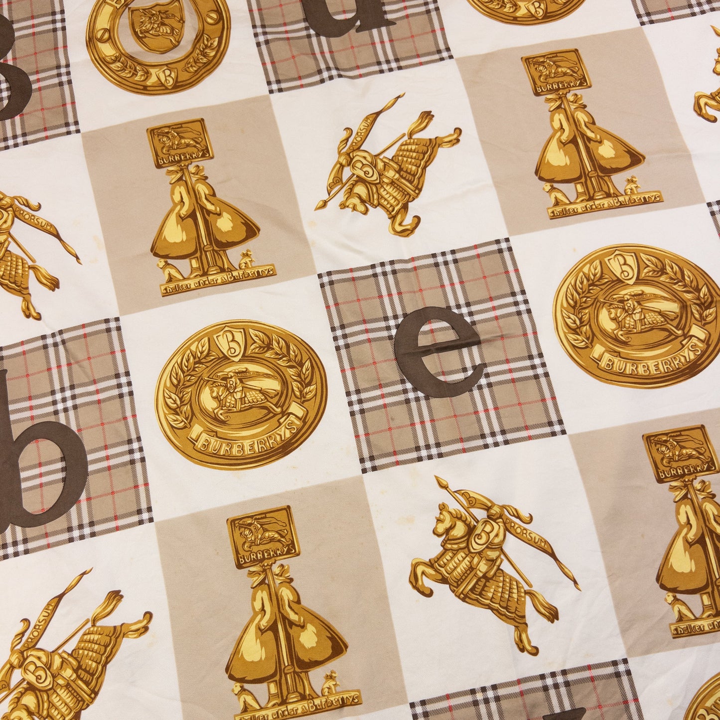 Vintage 90s Burberry Nova Check Gold Logo Print Silk Scarf | O/S, Beige