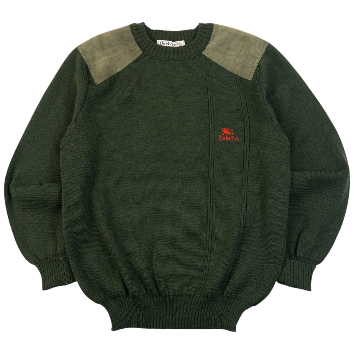Vintage 90s Burberry Suede Patch Wool Jumper Size M | Medium, Green