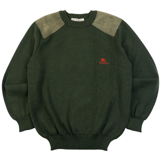 Vintage 90s Burberry Suede Patch Wool Jumper Size M | Medium, Green