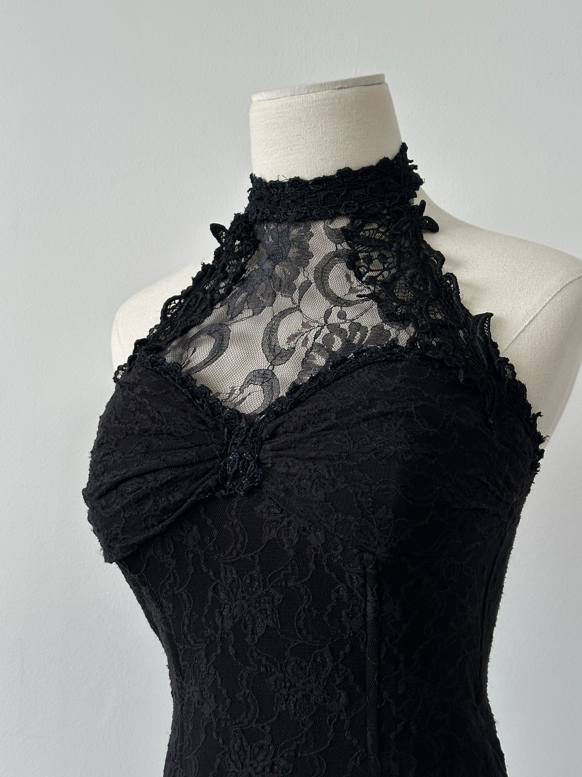 Vintage 2000s Lace Halterneck Midi Dress - M