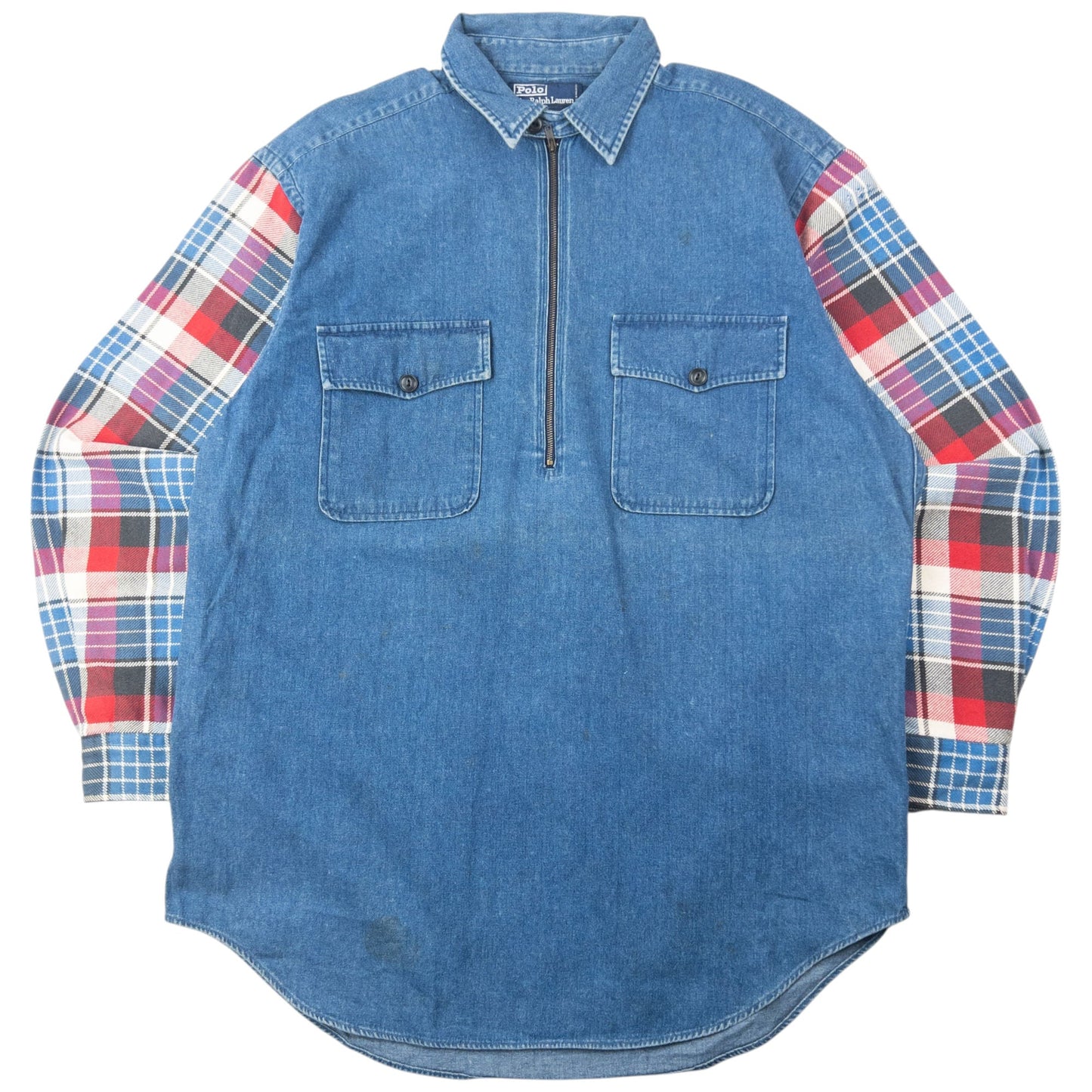 Vintage 90s Polo Ralph Lauren Checkered Sleeve Q Zip Denim Shirt Size XL | XL, Blue