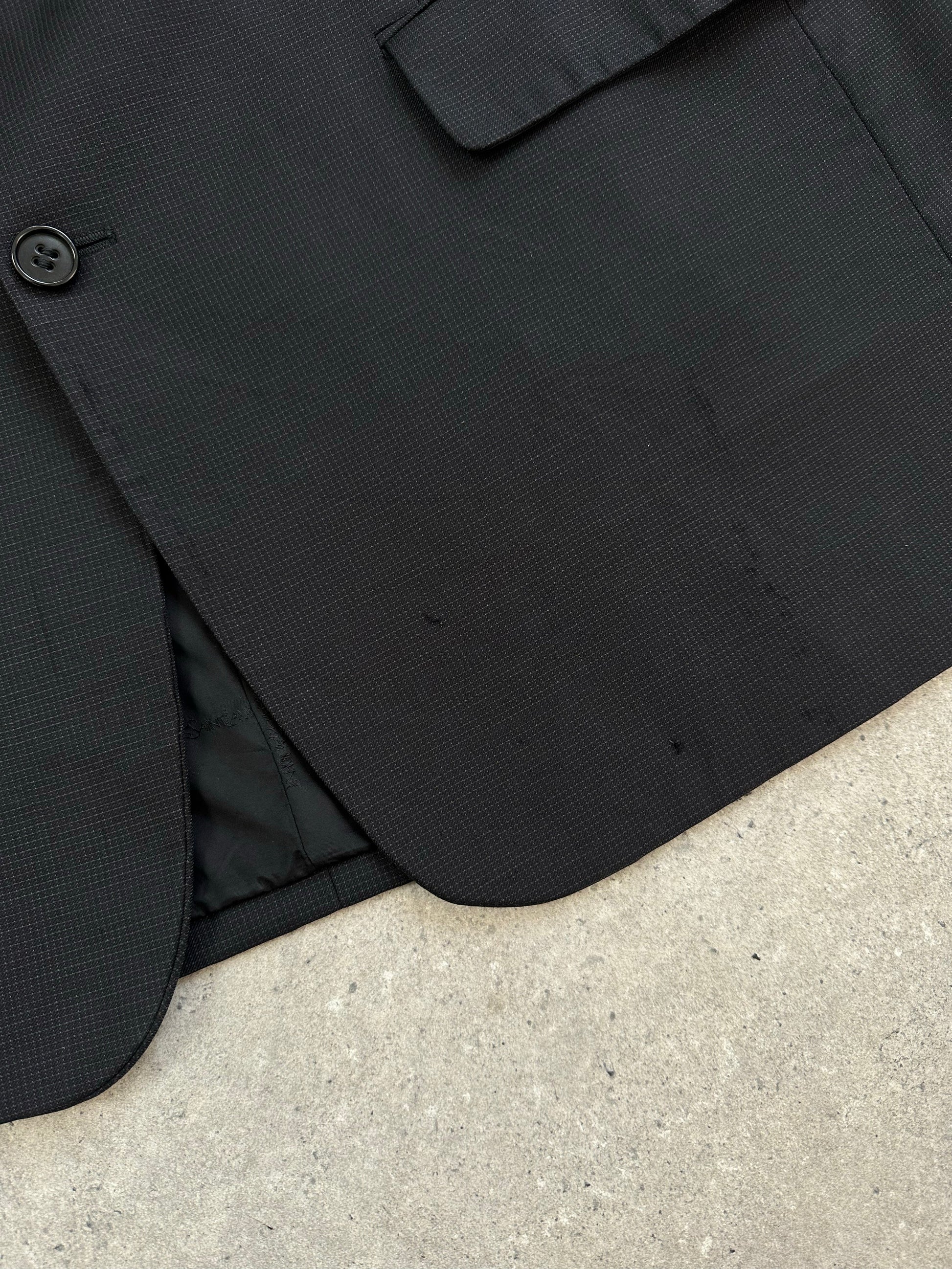 Yves Saint Laurent Pour Homme 1990s high neck blazer made of pure wool, navy color, tailored fit, and classic style.